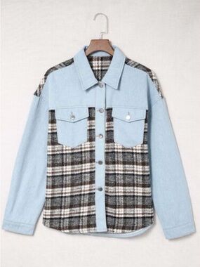 Light Blue & Black Plaid Women’s Shacket Jacket